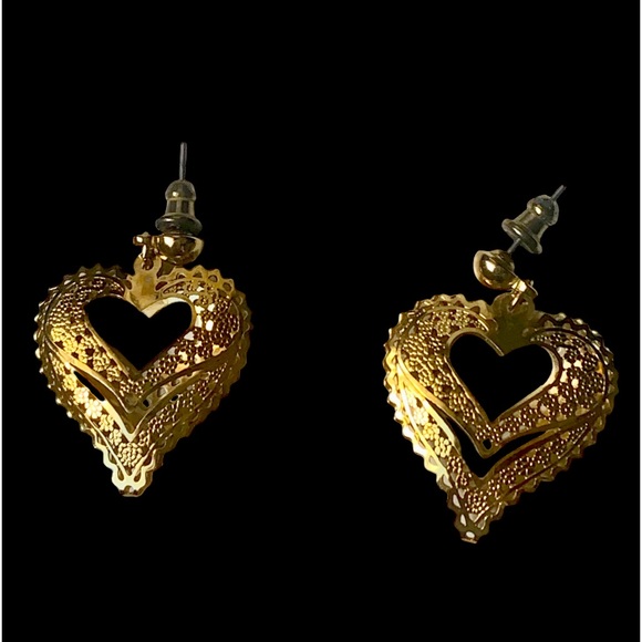 Double Heart Open Filigreed Gold Plated Pierced Earrings Woman’s Jewelry - Picture 4 of 4